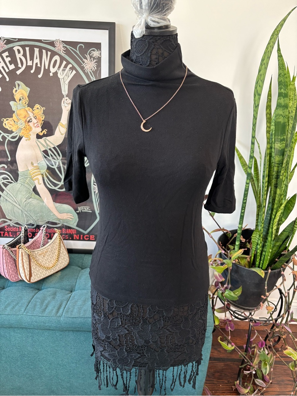 Banana Republic Black Lace-Hem Turtleneck short sleeve.